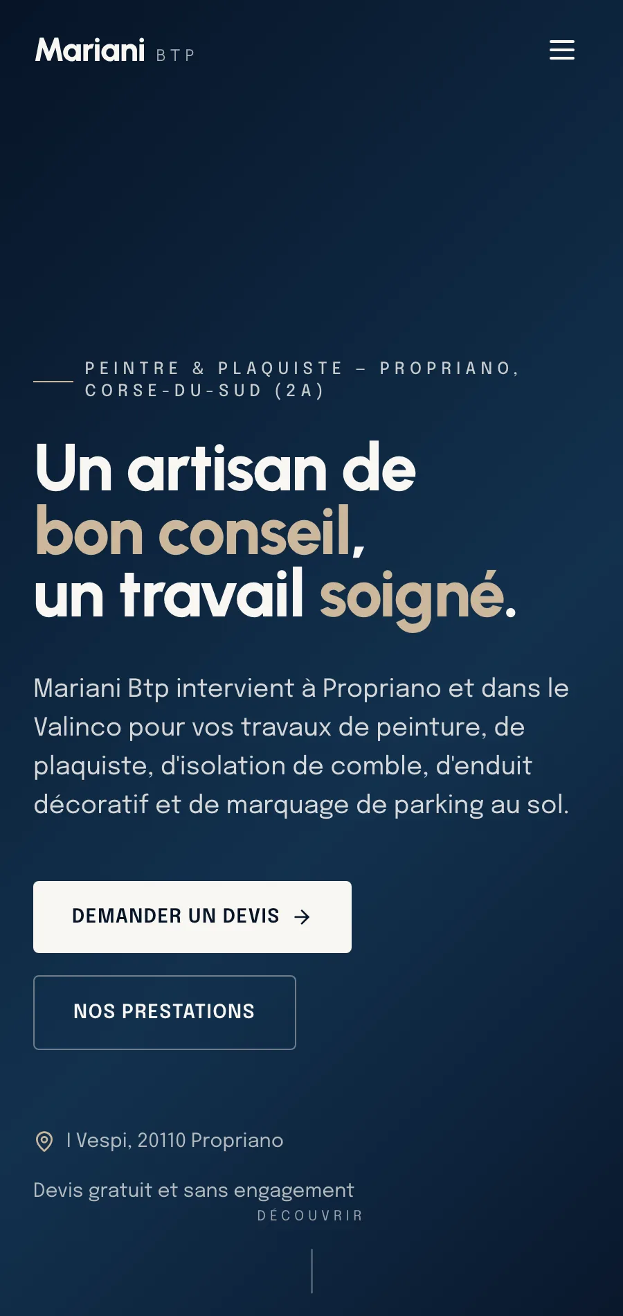 Site Mariani BTP, réalisé par MOPALE, affiché sur mobile