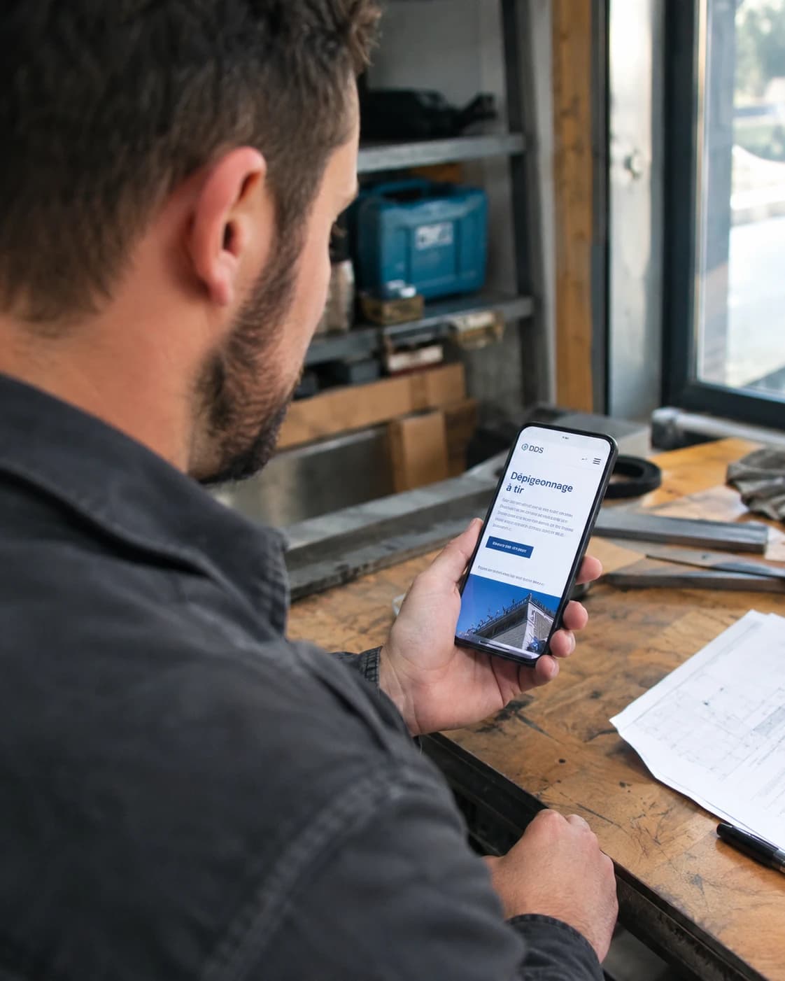 Professionnel consultant son site internet sur son téléphone, sur son lieu de travail