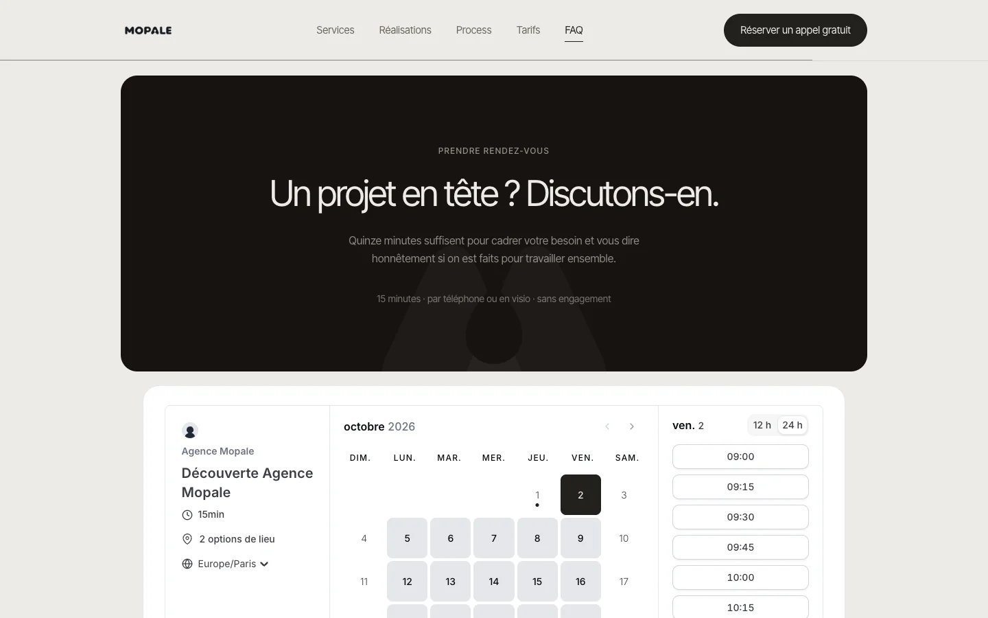 Module de prise de rendez-vous du site MOPALE, sur ordinateur